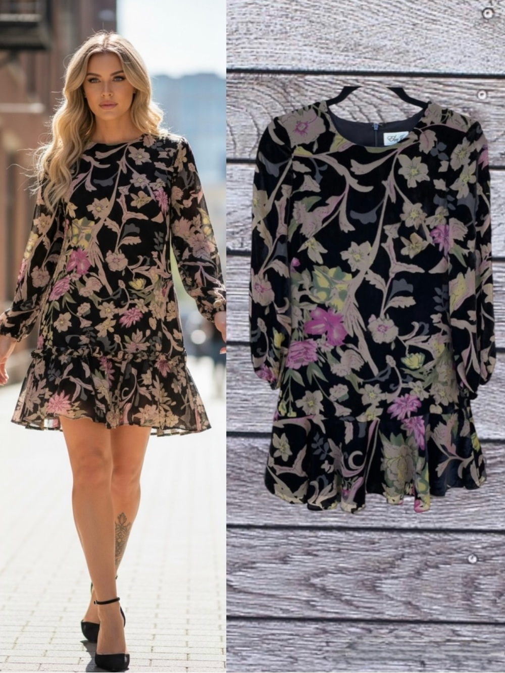 Eliza J Floral Print Velvet Shift Dress Ruffle Drop Hem Black Size 18